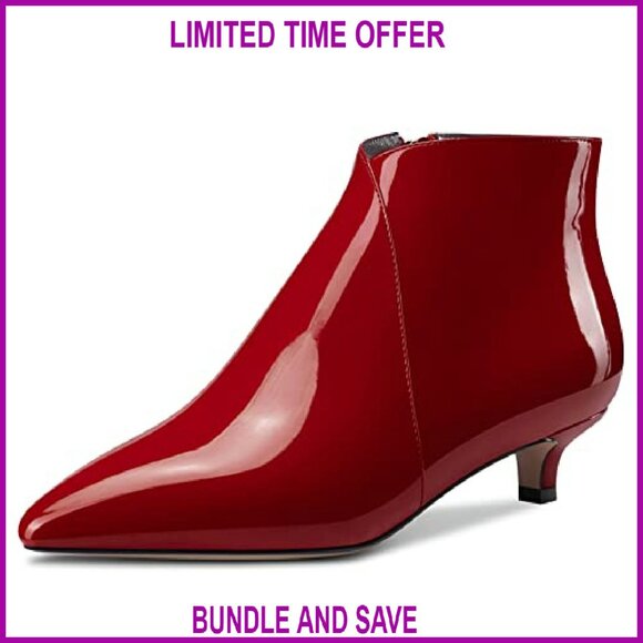 Women's Patent Ankle Boots Pointed Toe 1.5 Inch Kitten Heel Zipper Dress Shoes - Picture 2 of 6